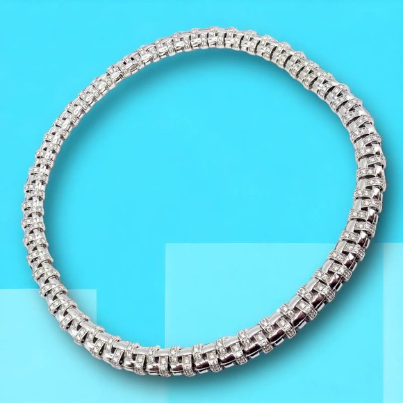 Authentic! Tiffany & Co Vannerie 18k White Gold Basket Weave Diamond Necklace - Picture 2 of 14